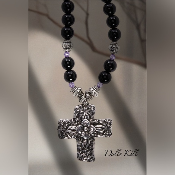 NWT Dolls Kill Divine Nature Cross Necklace Black beads w/ purple crystals - Picture 1 of 7